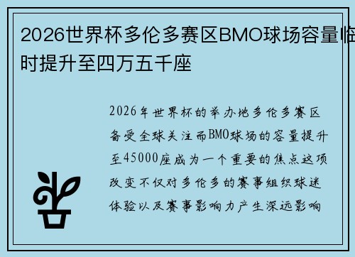 2026世界杯多伦多赛区BMO球场容量临时提升至四万五千座