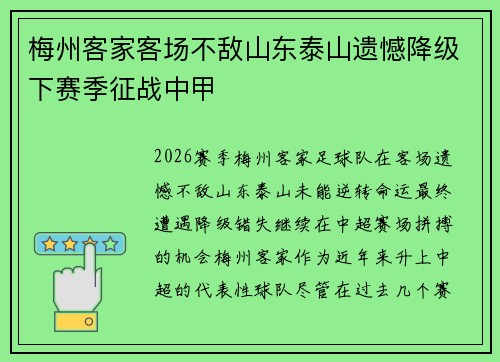 梅州客家客场不敌山东泰山遗憾降级下赛季征战中甲
